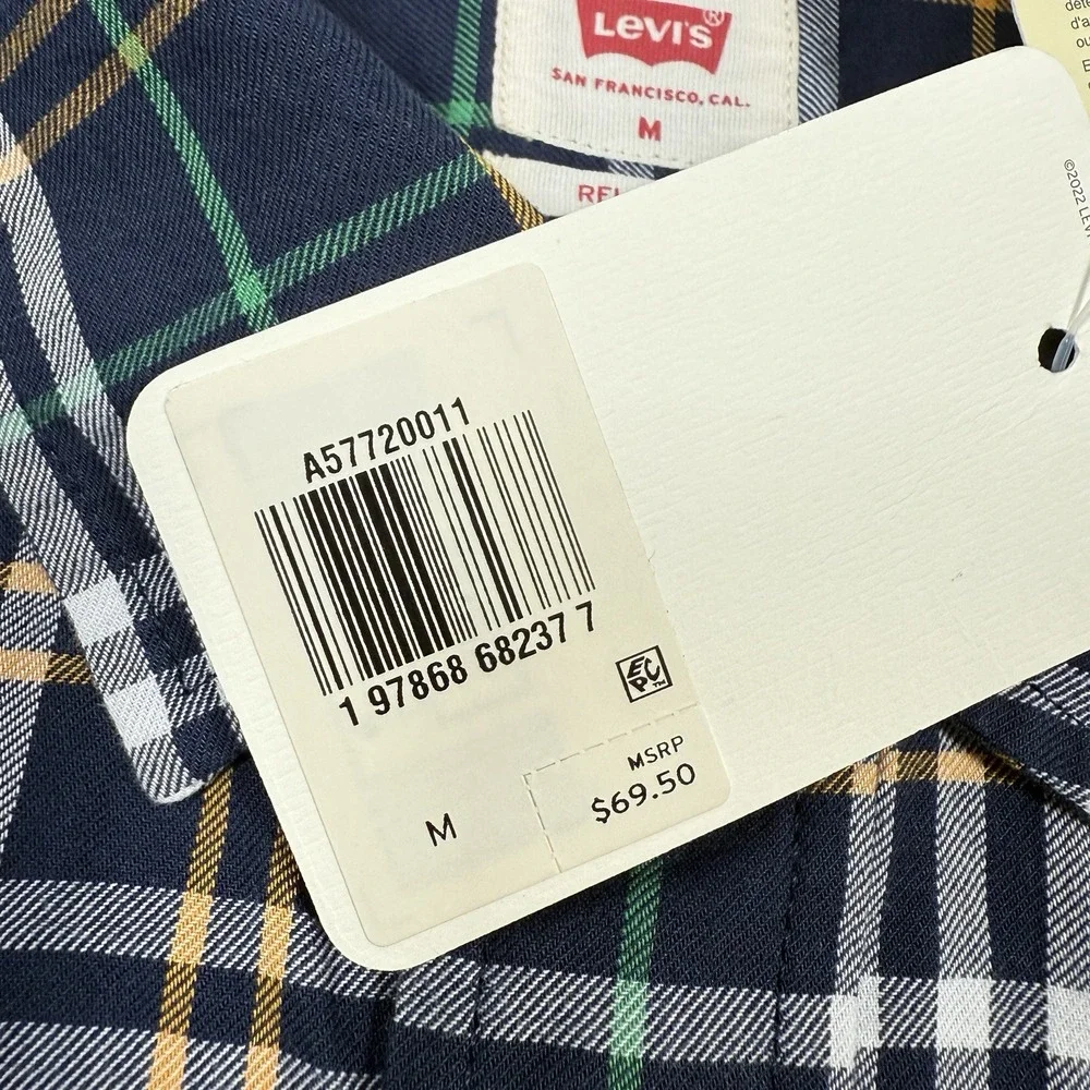 Levi's Mens M Worker Relaxed Fit Plaid Button Down Shirt Navy Blue Green NWT